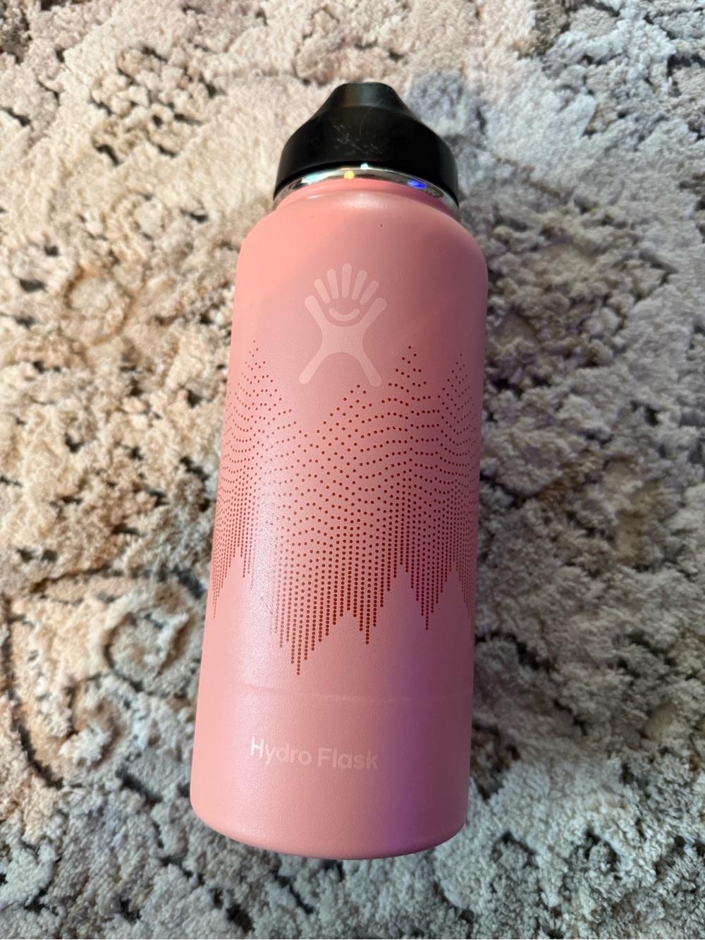 Hydro Flask Pink Water Bottle with Black Lid and Dot Wave Design